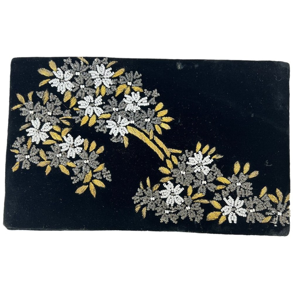 Vintage Fuji Bag Black Velvet Clutch Purse HandMade‎ Embroidered Beads Mirror